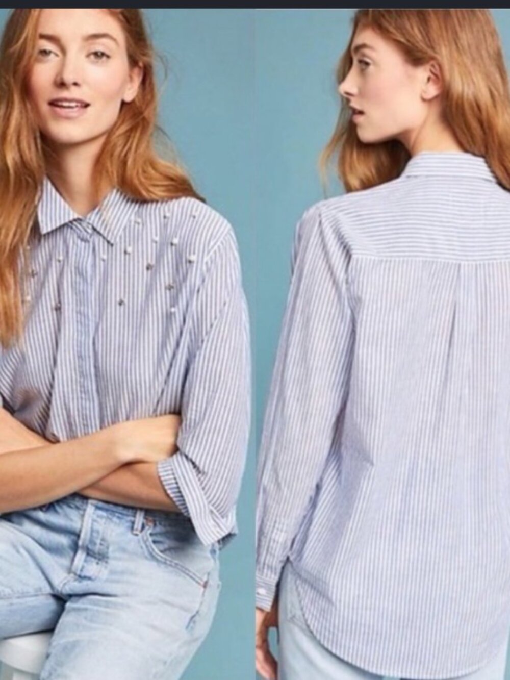 RAILS Florence Stripe Button Front Top Pearl Embellished Blouse Size L
